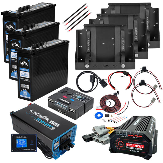 KickAss Triple Smart 12V 120Ah Slimline Lithium Complete Dual Battery Kit with 3000W Inverter, 40A DCDC Charger, Control Box, Display Panel, Tray & Wiring - 360Ah Capacity