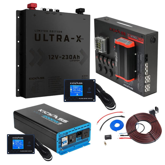 KickAss Smart 12V 230Ah Ultra-X Slimline Black Limited Edition Lithium Complete Dual Battery Kit with 2000W Inverter, 40A DCDC Charger, Control Hub, Display Panel and Wiring