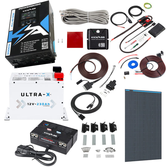 KickAss PowerBoss 2000W System with 230Ah Arctic White Lithium Battery, Bluetooth, Alternator & DCDC Wiring Kit + Power Accessories