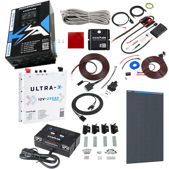 KickAss PowerBoss 2000W System with Bluetooth, DCDC Wiring Kit & 230Ah Arctic White Slimline Lithium Power Setup