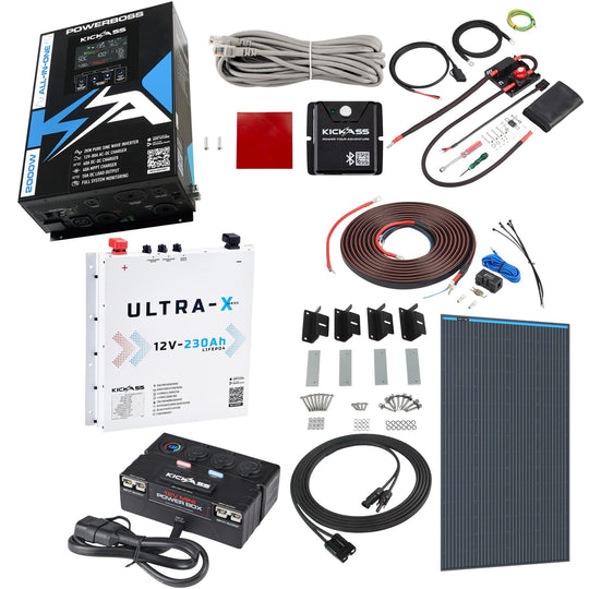KickAss PowerBoss 2000W Off-Grid System with Bluetooth, Alternator Wiring Kit, 230Ah Arctic White Lithium Battery & Power Accessories