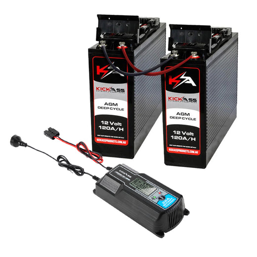 KickAss Twin 12V 120Ah Slimline Deep Cycle AGM Battery Bundle with 22A Charger & Linking Cables - 240Ah Total Capacity