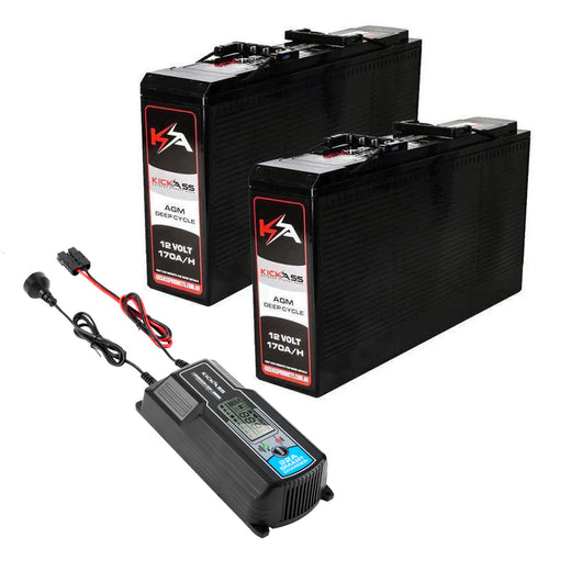 KickAss Twin 12V 170Ah Slimline Deep Cycle AGM Battery Bundle with 22A Charger - 340Ah Total Capacity
