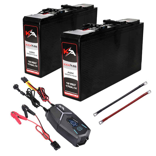 KickAss Twin 12V 170Ah Slimline Deep Cycle AGM Battery Bundle with 32A Charger & Linking Cables - 340Ah Total Capacity