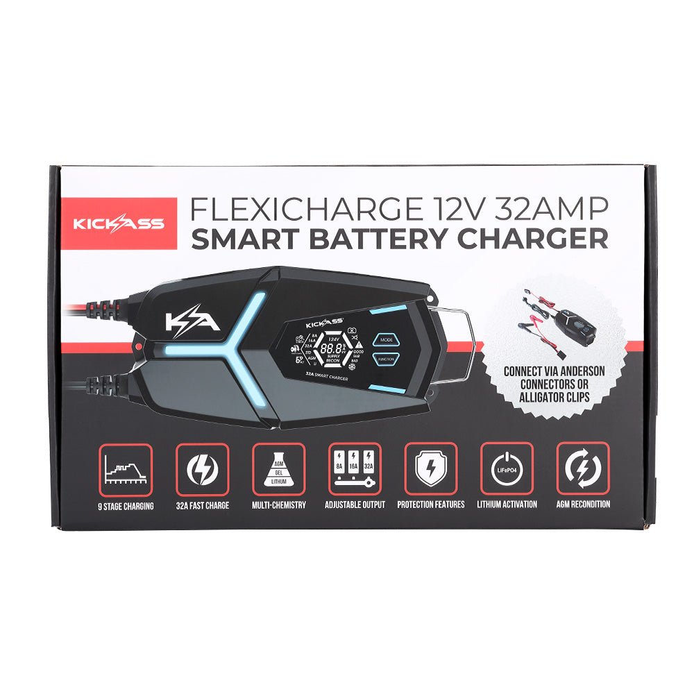 KickAss Flexicharge 32A Smart 12V Battery Charger For Lead Acid, AGM & Lithium Batteries