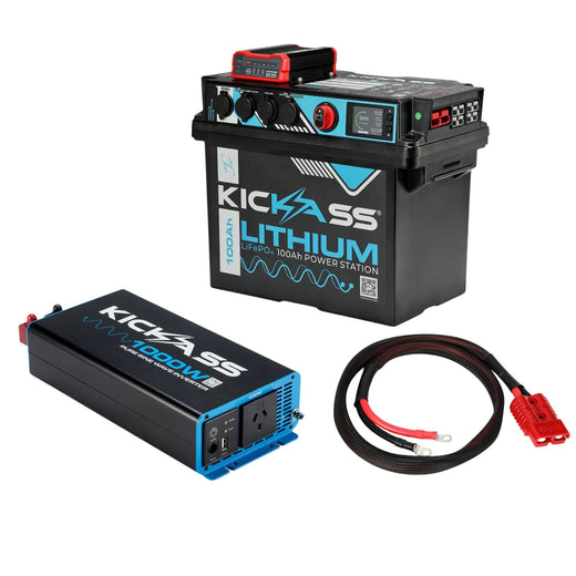 KickAss 100Ah Lithium Battery Box Power Station Bundle with 1000W Inverter & Cable