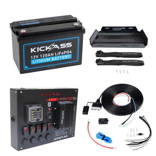 KickAss 12V 120Ah Lithium Dual Battery Kit with Control Hub with 20A DCDC Charger, Tray & Wiring Kit