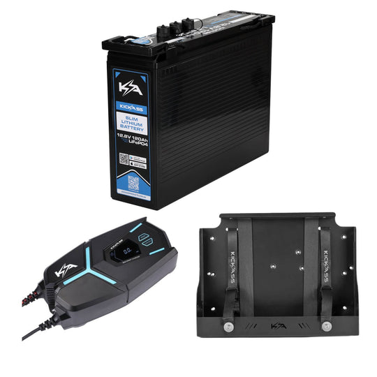 KickAss ProductsKickAss 120Ah Slimline 12V Lithium Deep Cycle Battery + Tray + 32A Smart Battery Charger BundleKA12120SLIMLIONTRAY32A