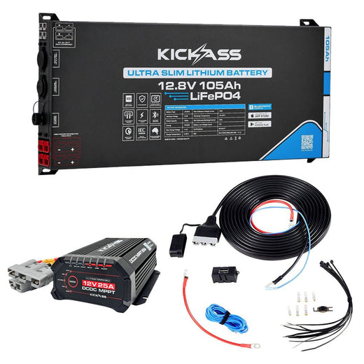 KickAss 12V 105Ah Ultra Slimline Lithium Essentials Dual Battery Kit with 25A DCDC Charger and Wiring Kit