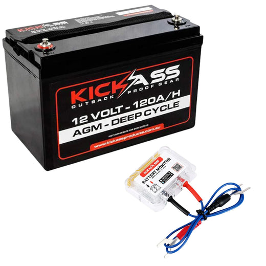 KickAss 12V 120Ah Deep Cycle AGM Battery + Bluetooth Battery Monitor Bundle