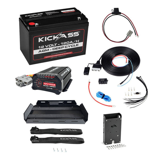KickAss 12V 120Ah AGM Essentials Dual Battery Kit with 25A DCDC Charger, Wiring Kit, Accessory Panel, Battery Tray and Maxi Fuse Holder
