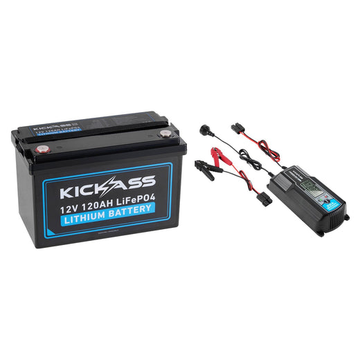 KickAss 12V 120Ah Lithium Battery + 22A Smart Battery Charger Bundle