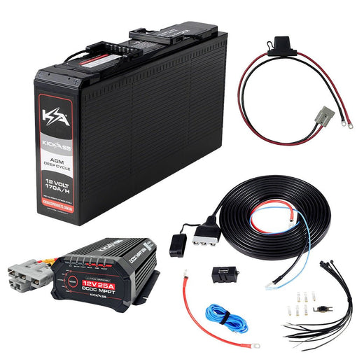 KickAss 12V 170Ah Slimline AGM Essentials Dual Battery Kit with 25A DCDC Charger, Wiring Kit and Maxi Fuse Holder