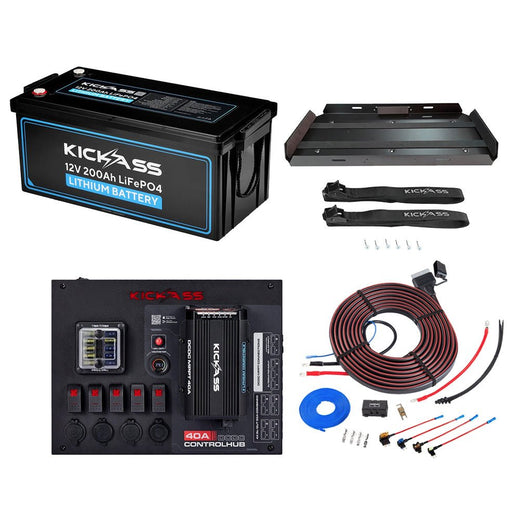 KickAss 12V 200Ah Lithium Complete Dual Battery Kit with 40A DCDC Control Hub, Heavy Duty Wiring Kit and Battery Tray