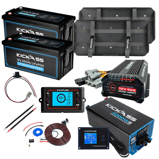 KickAss 12V 200Ah Lithium Dual Battery Kit with 3000W Inverter, 40A DCDC Charger, Display Panel, Tray & Wiring - 400Ah Capacity