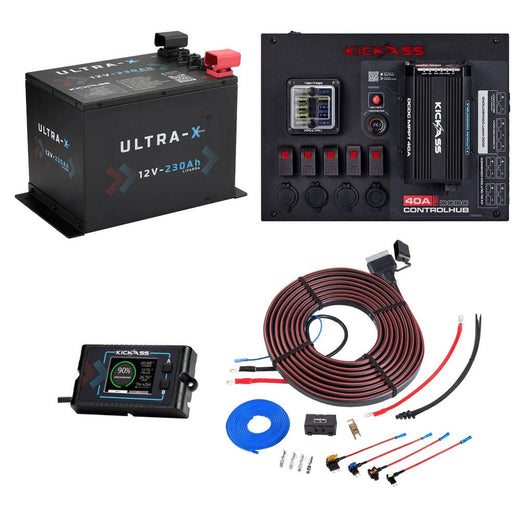 KickAss 12V 230Ah Lithium Complete Dual Battery Kit with 40A DCDC Control Hub, Heavy Duty Wiring Kit and Remote Display Unit