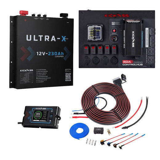 KickAss 12V 230Ah Slimline Lithium Complete Dual Battery Kit with 40A DCDC Control Hub, Heavy Duty Wiring Kit and Remote Display Unit