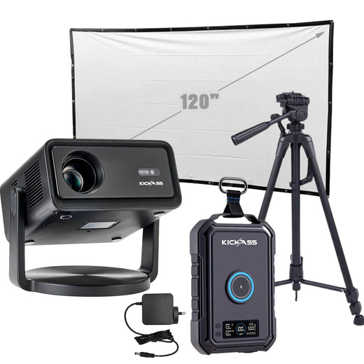 KickAss 12V FHD Outdoor Cinema Smart Projector Bundle with 120" Eyelet Screen, KickCharge 150Wh, Tripod and AC to DC Adapter