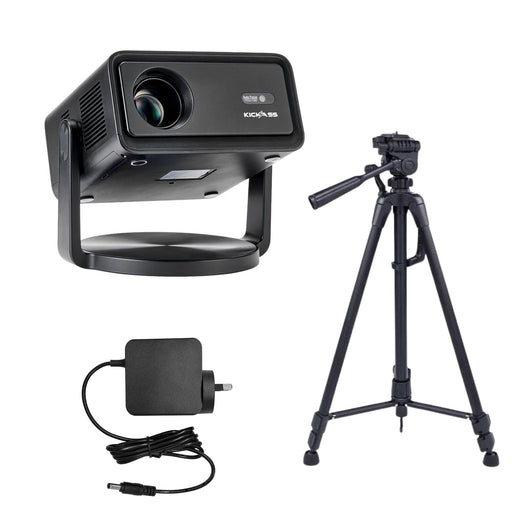 KickAss 12V FHD Outdoor Cinema Smart Projector Bundle with AC to DC Adapter and Tripod