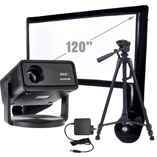 KickAss 12V FHD Outdoor Cinema Smart Projector Bundle with AC to DC Adapter, Tripod and Big Ass 120" Projector Screen