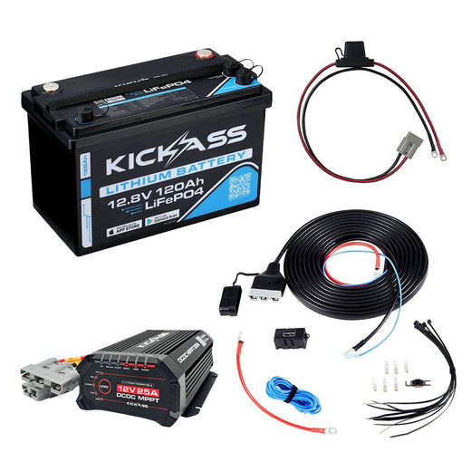 KickAss 12V Smart 120Ah Lithium Essentials Dual Battery Kit with 25A DCDC Charger, Wiring Kit and Maxi Fuse Holder