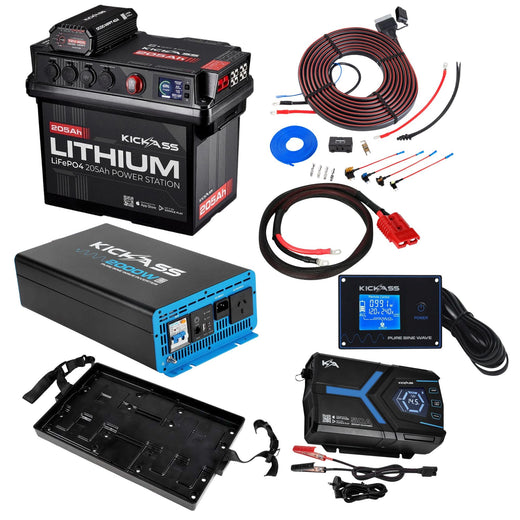 KickAss 205Ah Lithium Battery Box Complete Dual Battery Kit with 2000W Inverter, AC Charger & Wiring
