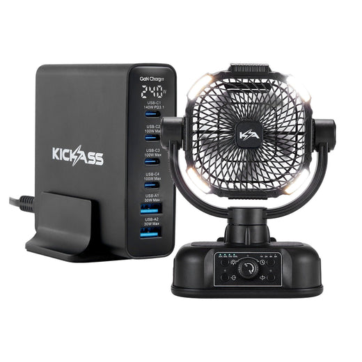 KickAss 240W GaN USB-C Charger + 360 Oscillating Camping Fan Bundle
