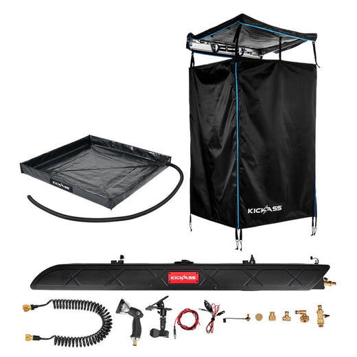 KickAss AquaBoss Rooftop 26L Bundle with Premium Shower Awning Black & Blue & Base