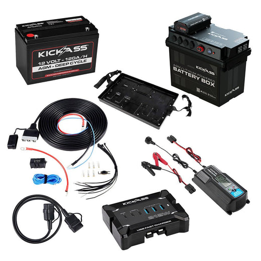 KickAss Battery Box with 25A DCDC Bundle with 120Ah AGM Battery, Wiring Kit, 22A Charger, USB Charger and Extension Lead