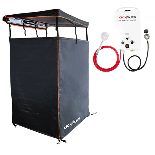 KickAss Shower Awning + Instant Hot Water System Bundle - Black & Orange