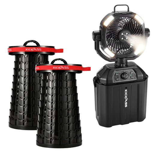 Kickass Portable 20,000mAh Misting Fan + 2x Portable Pop Up Stools Bundle