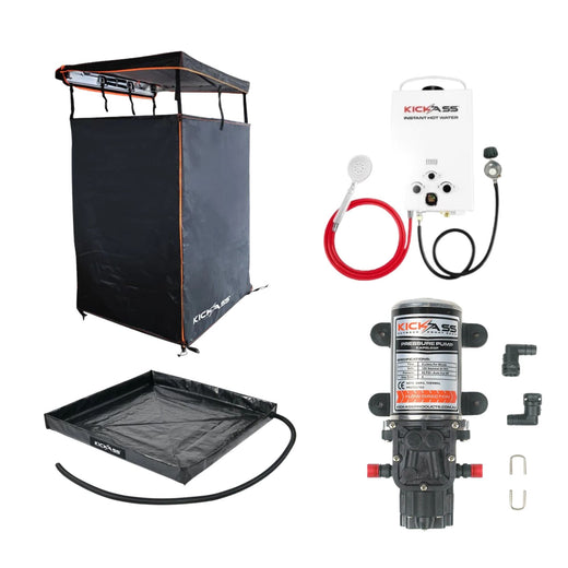 KickAss Premium Shower Awning Bundle with Instant Hot Water System, Water Pump, & Shower Base - Black & Orange