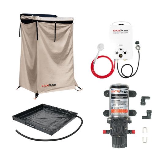 KickAss Premium Shower Awning Bundle with Instant Hot Water System, Water Pump & Shower Base