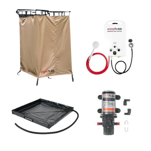 KickAss Shower Awning Bundle with Instant Hot Water System, Water Pump, & Shower Base