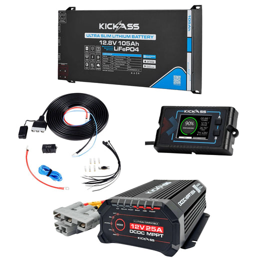 KickAss Smart 12V 105Ah Ultra Slim Lithium Dual Battery Kit with 25A DCDC Charger, Display Panel and Wiring