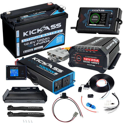 KickAss Smart 12V 120Ah Lithium Complete Dual Battery Kit with 1000W Inverter, 25A DCDC Charger, Display Panel, Tray & Wiring