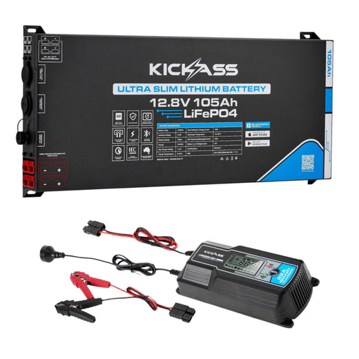 KickAss Smart 12V 105Ah Ultra Slimline Lithium Battery + 22A Smart Battery Charger Bundle