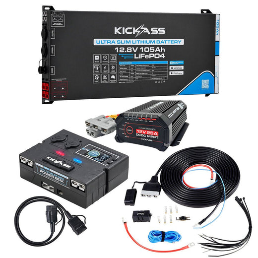 KickAss Smart 12V 105Ah Ultra-Slimline Lithium Battery with Control Box, 25A DCDC Charger, Wiring & Fuse Holder