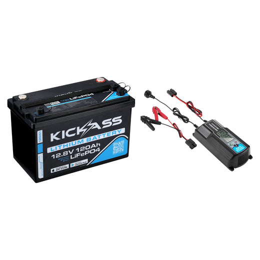 KickAss Smart 12V 120Ah Lithium Battery + 22A Smart Battery Charger Bundle