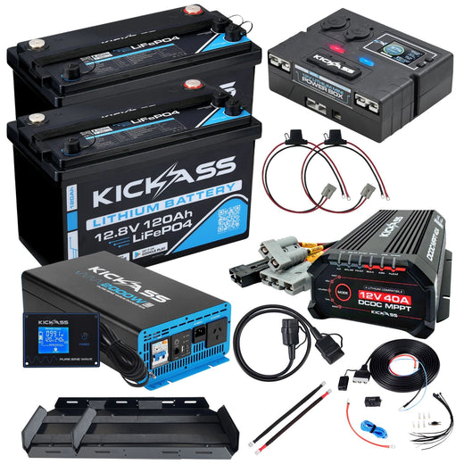 KickAss Twin Smart 12V 120Ah Lithium Dual Battery Kit with 2000W Inverter, 40A DCDC Charger, Control Box, Display Panel, Tray & Wiring - 240Ah Capacity