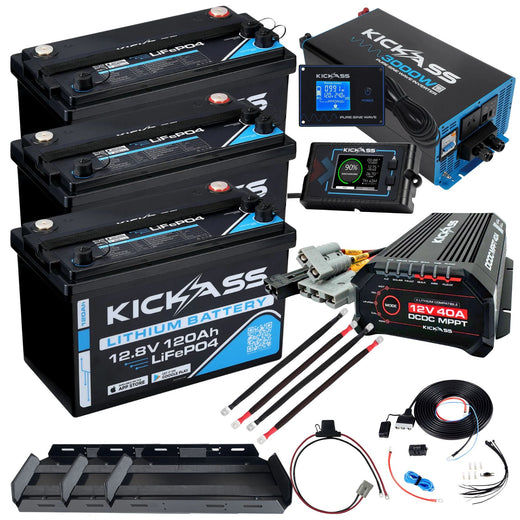 KickAss Triple Smart 12V 120Ah Lithium Dual Battery Kit with 3000W Inverter, 40A DCDC Charger, Display Panel, Tray & Wiring - 360Ah Capacity