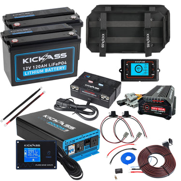 KickAss ProductsKickAss Twin 12V 120Ah Lithium Dual Battery Kit with 2000W Inverter, 40A DCDC Charger, Control Box & Tray - 240Ah Total CapacityKA - 12V - 240XB - 2000 - CB - KIT