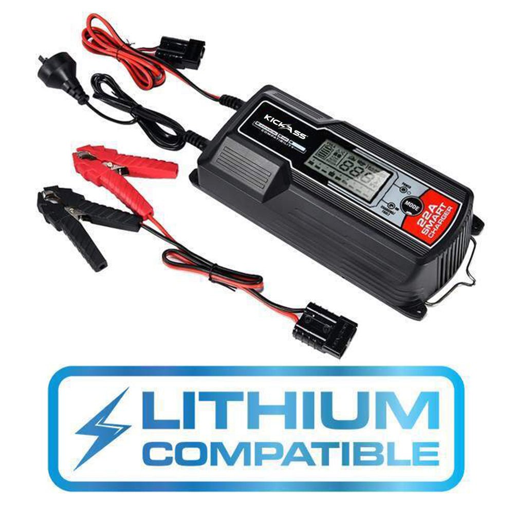 KICKASS 12V 120AH Slim Deep Cycle AGM Battery Twin Pack With 22Amp Charger & Cables