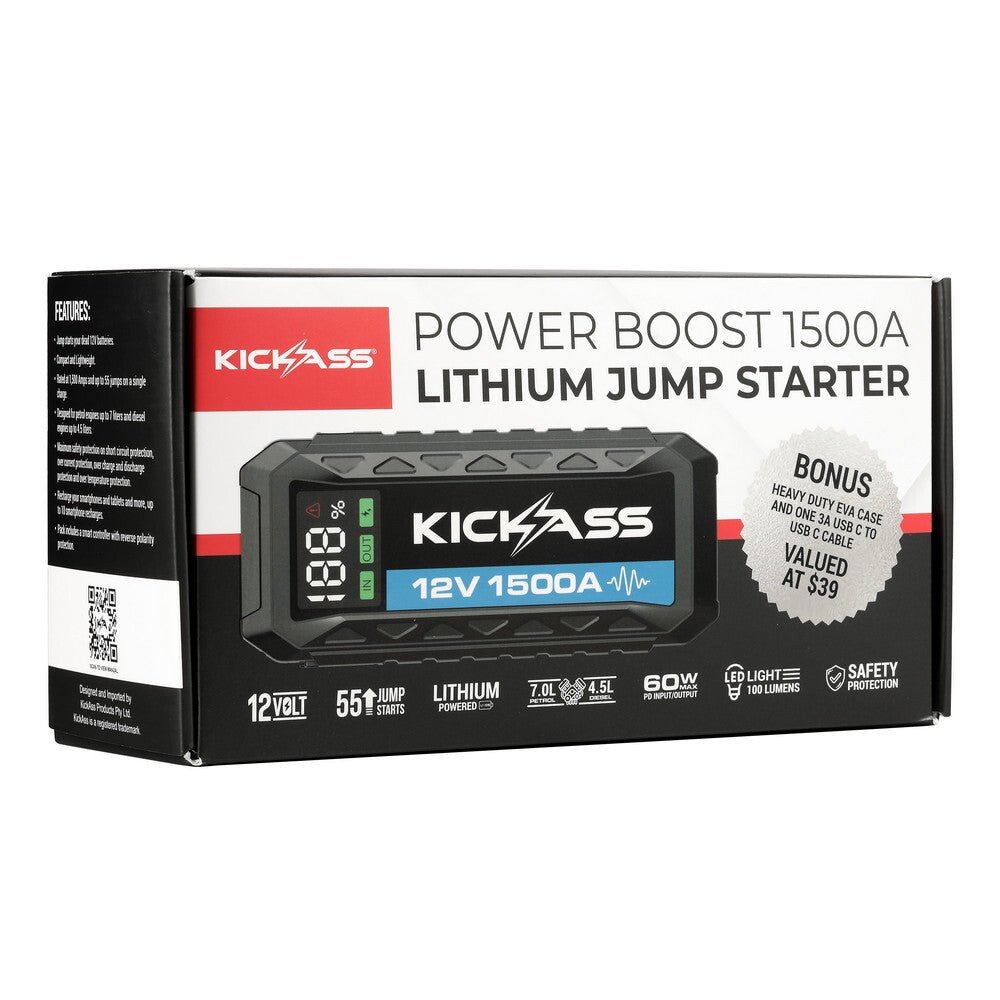 KickAss 12V Lithium 1500A Portable Car Jump Starter Power Bank