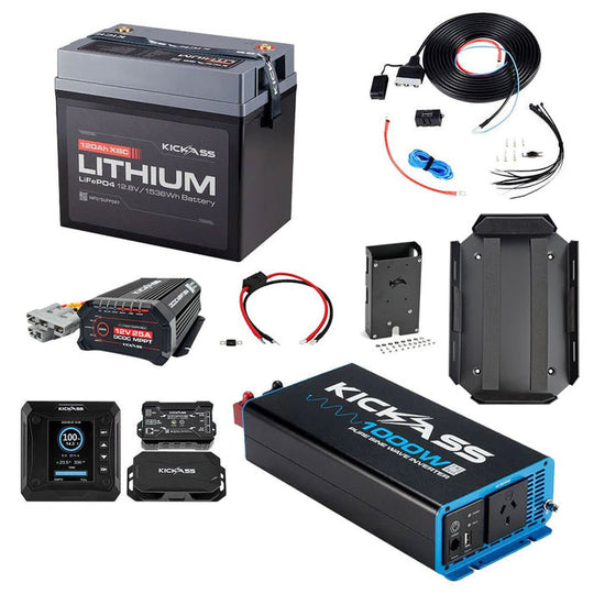 KickAss 12V 120Ah Lithium Complete Dual Battery Kit with 1000W Inverter, DCDC Charger & Wiring Kit