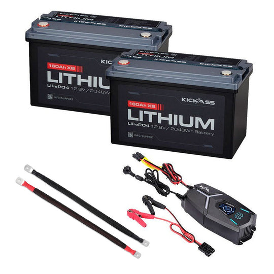 KickAss Twin 12V 160Ah Lithium Battery Bundle with 32A Charger & Linking Cables - 320Ah Total Capacity