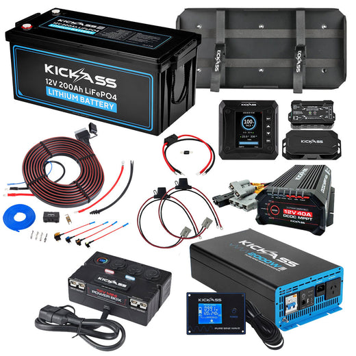 KickAss 12V 200Ah Lithium Dual Battery Kit with 2000W Inverter, 40A DCDC Charger, Shunt, Control Box, Display Panel, Tray & Wiring