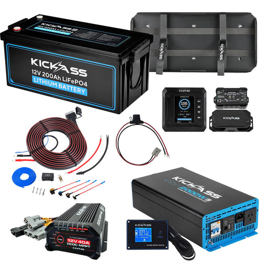 KickAss 12V 200Ah Lithium Dual Battery Kit with 2000W Inverter, 40A DCDC Charger, Shunt, Display Panel, Tray & Wiring