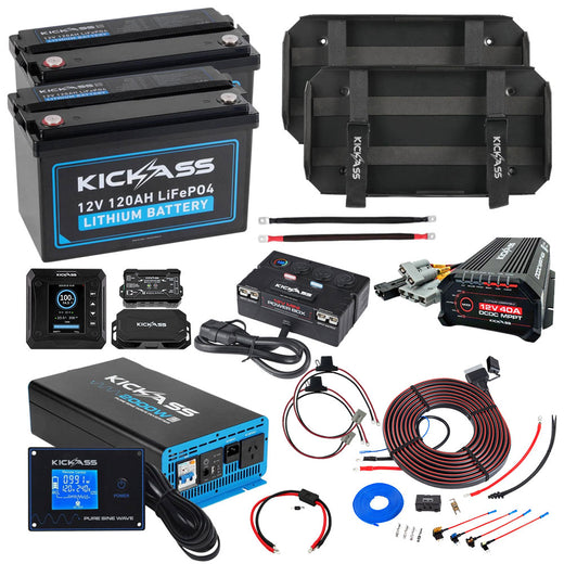 KickAss Twin 12V 120Ah Lithium Dual Battery Kit with 2000W Inverter, 40A DCDC Charger, Shunt, Control Box, Display Panel, Tray & Wiring - 240Ah Capacity