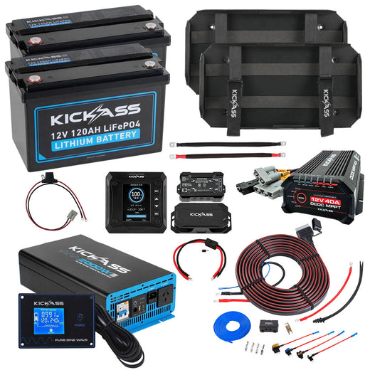 KickAss Twin 12V 120Ah Lithium Dual Battery Kit with 2000W Inverter, 40A DCDC Charger, Shunt, Display Panel, Tray & Wiring - 240Ah Capacity